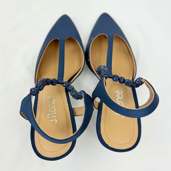 J. Renee NIMAH Navy Blue Sparkle Bead Pointed Toe T Strap Slingback Heels - Picture 11 of 16
